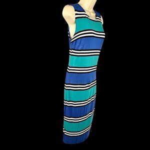 Premise Sleeveless Rayon Knit Midi Sheath Horizontal Blue Stripes Womens L